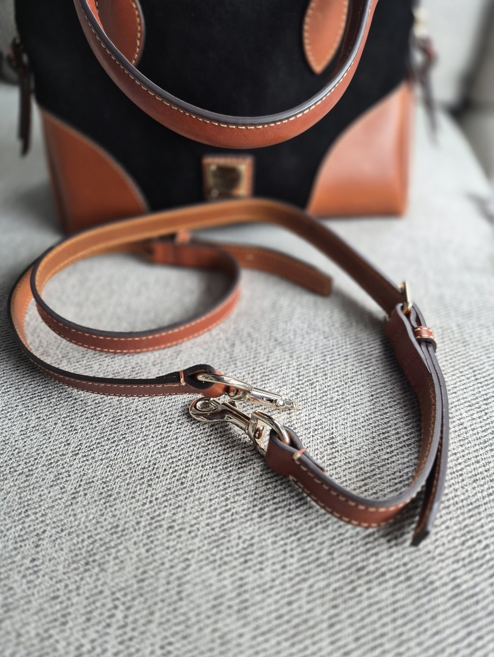 Dooney & Bourke Black Suede with Brown Leather Trim Satchel - Picture 3 of 12